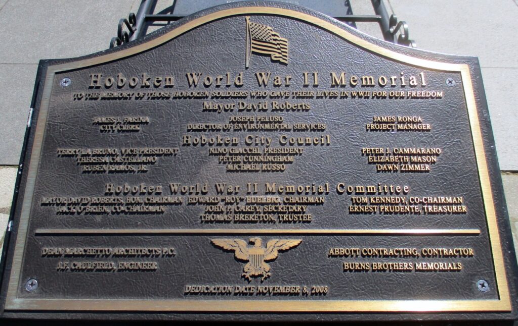HOBOKEN WORLD WAR II MEMORIAL PLAQUE