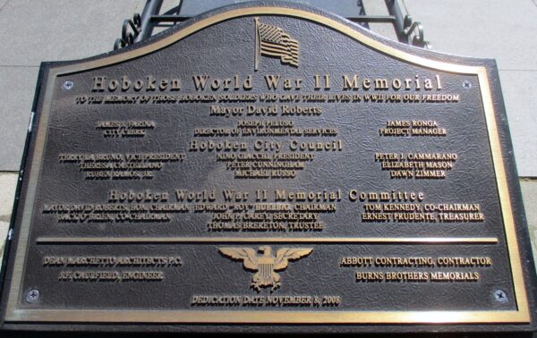 HOBOKEN WORLD WAR II MEMORIAL PLAQUE