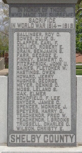 SHELBY COUNTY WORLD WAR SUPREME SACRIFICE MEMORIAL HONOR ROLL