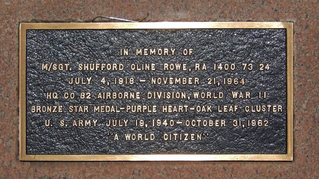 M/SGT. SHUFFORD CLINE ROWE WAR MEMORIAL PLAQUE