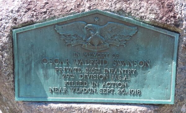 OSCAR WALFRID SWANSON WAR MEMORIAL PLAQUE