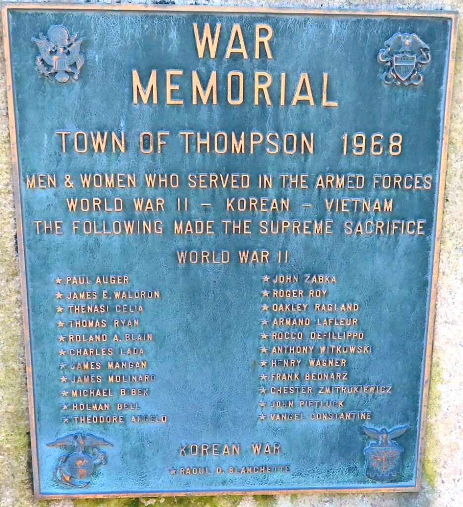 TOWN OF THOMPSON WAR MEMORIAL PLAQUE