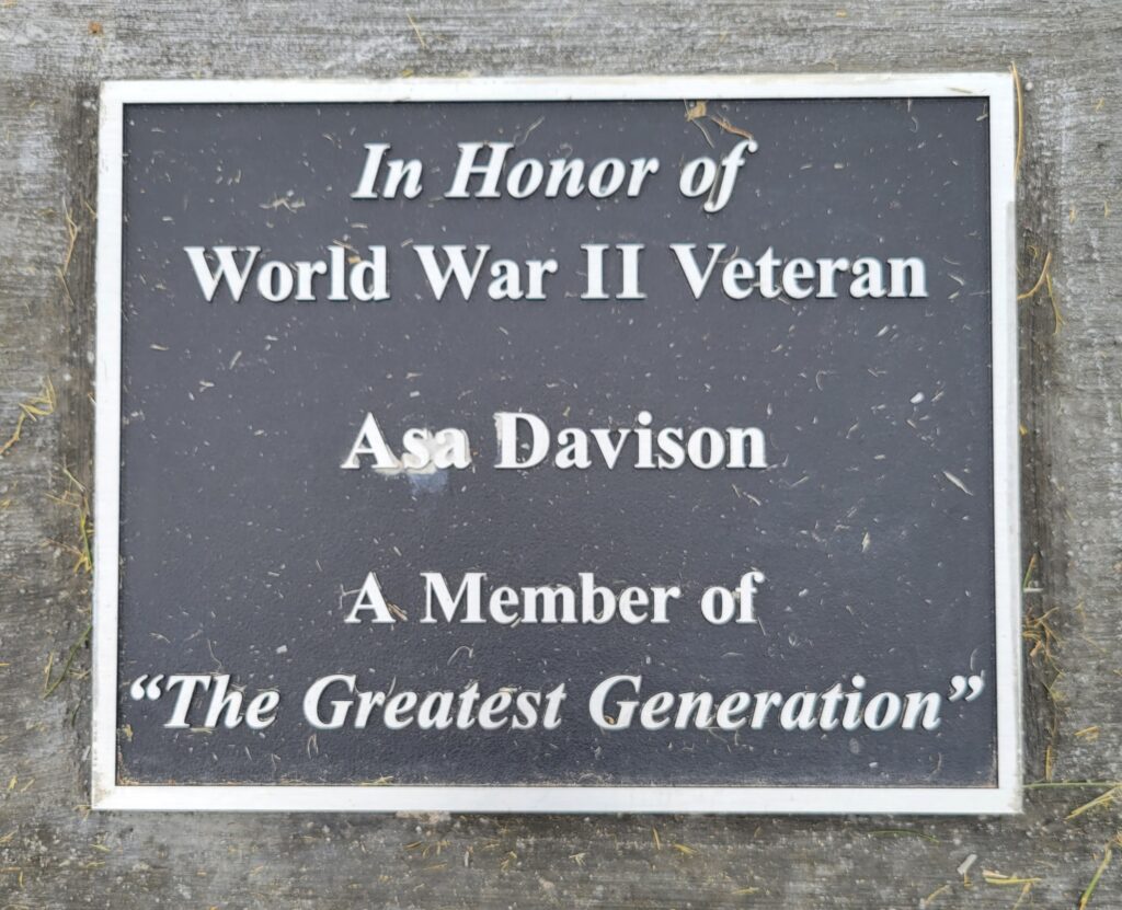 ASA DAVISON WORLD WAR II VETERAN MEMORIAL PLAQUE