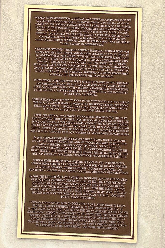 GEN. NORMAN SCHWARZKOPE WAR MEMORIAL PLAQUE B