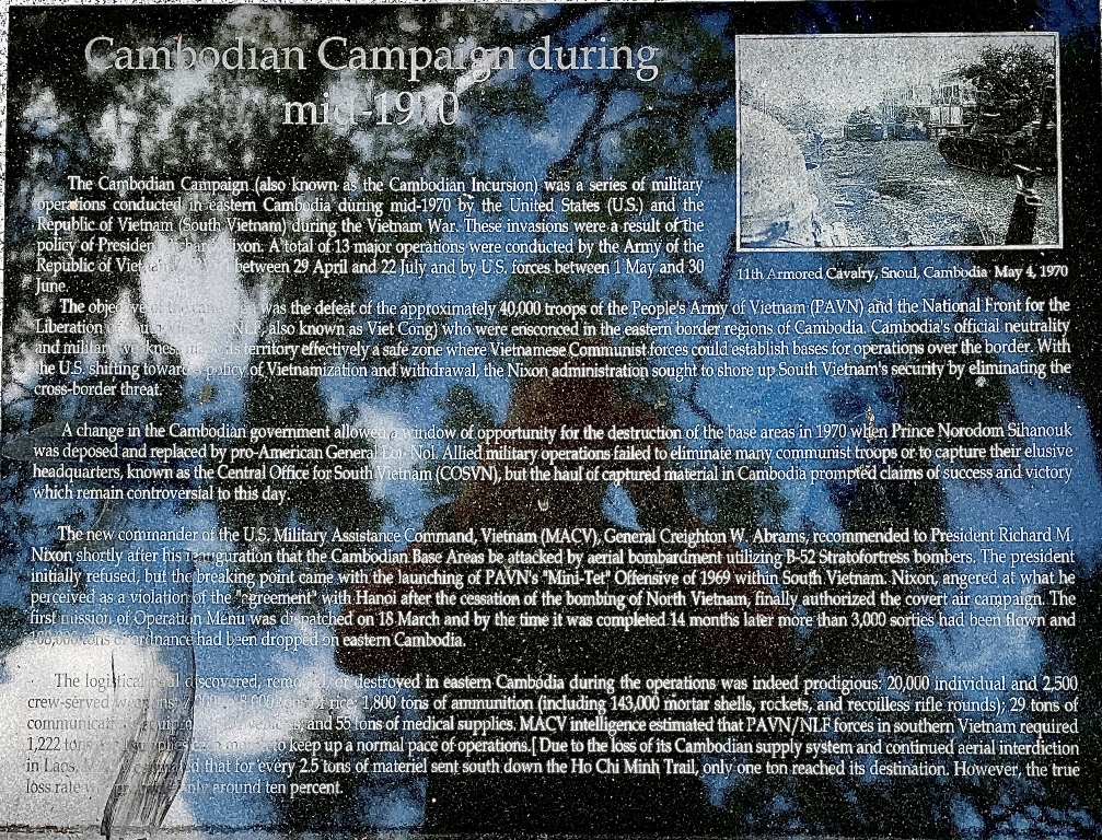 HILLSBOROUGH COUNTY CAMBODIAN CAMPAIGN DURING MID-1970 MEMORIAL PLAQUE