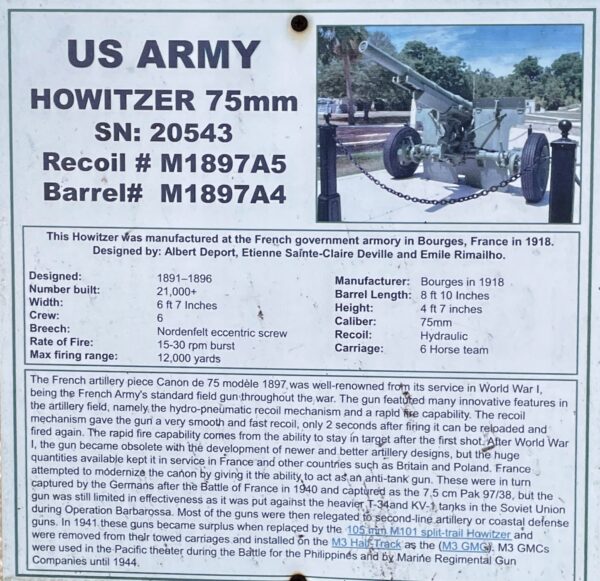 US ARMY HOWITZER 75MM WAR MEMORIAL CANNON PLAQUE