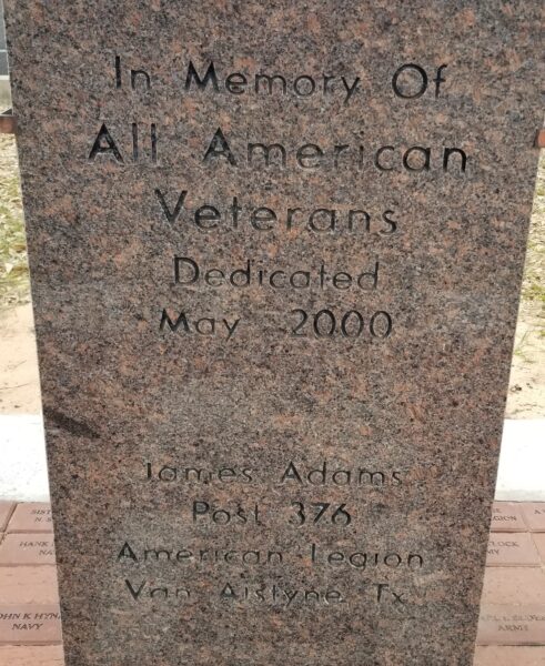 JAMES ADAMS POST 376 ALL VETERANS MEMORIAL DEDICATION STONE