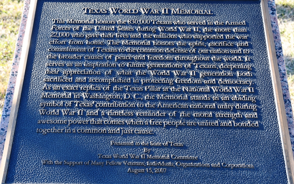TEXAS WORLD WAR II MEMORIAL PLAQUE
