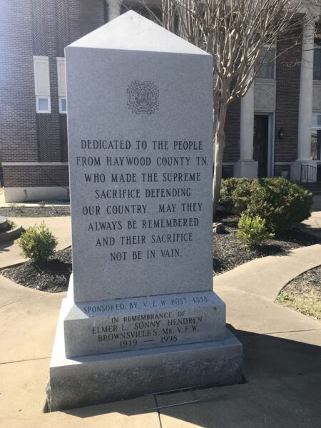 HAYWOOD COUNTY TN SUPREME SACRIFICE WAR MEMORIAL SIDE A