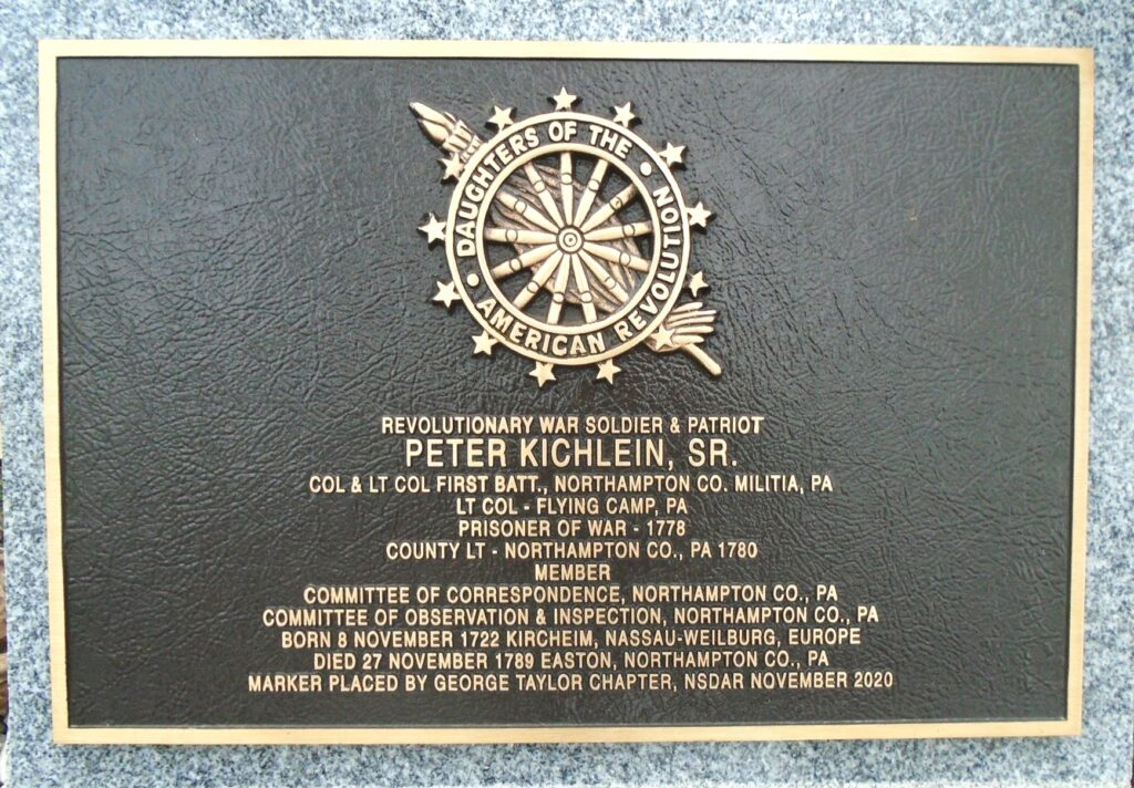 PETER KICHLEIN, SR. REVOLUTIONARY WAR SOLDIER MEMORIAL PLAQUE