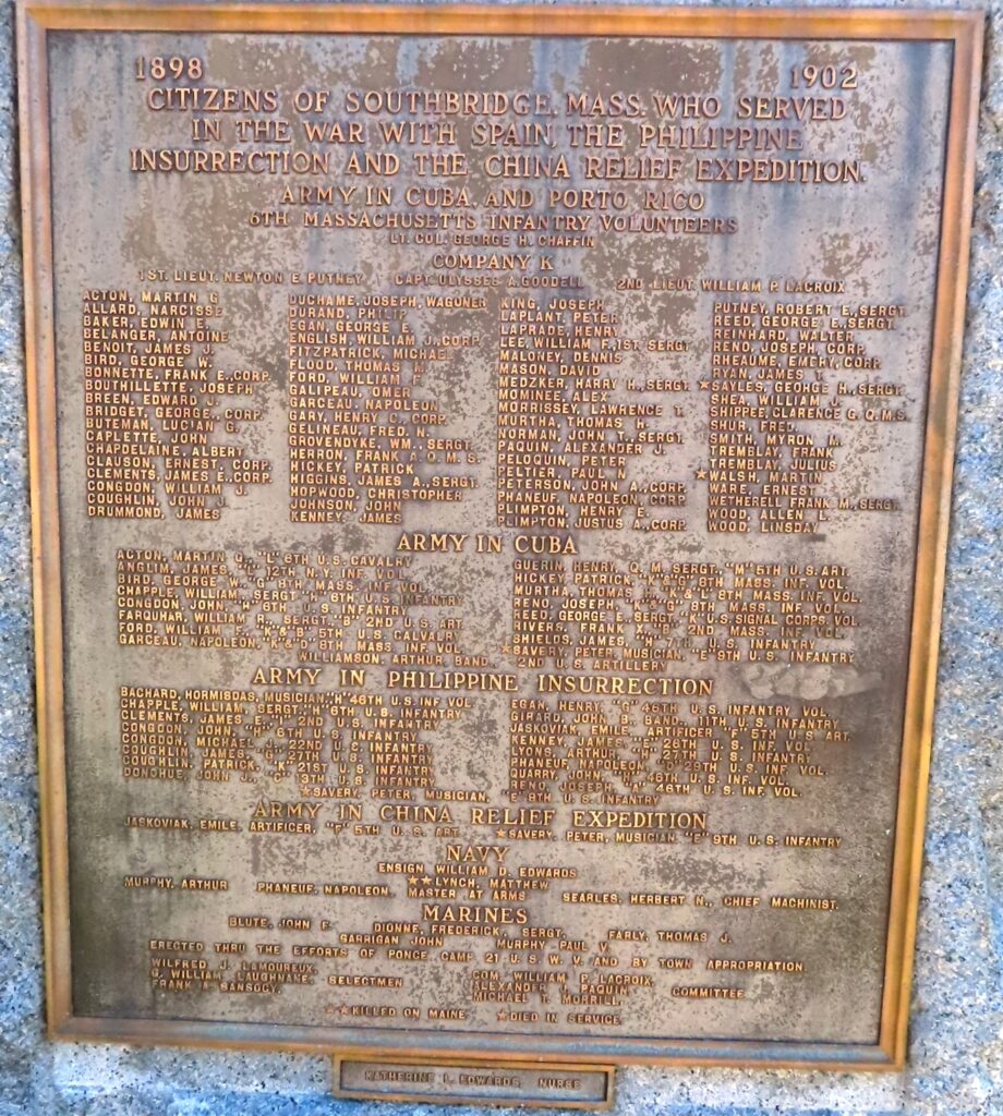 CITIZENS OF SOUTHBRIDGE 1898-1902 WAR VETERANS MEMORIAL PLAQUE