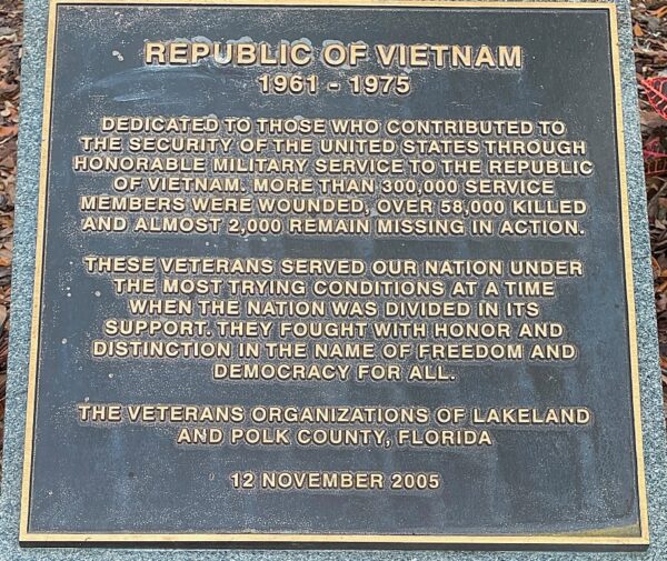 LAKELAND REPUBLIC OF VIETNAM WAR MEMORIAL PLAQUE