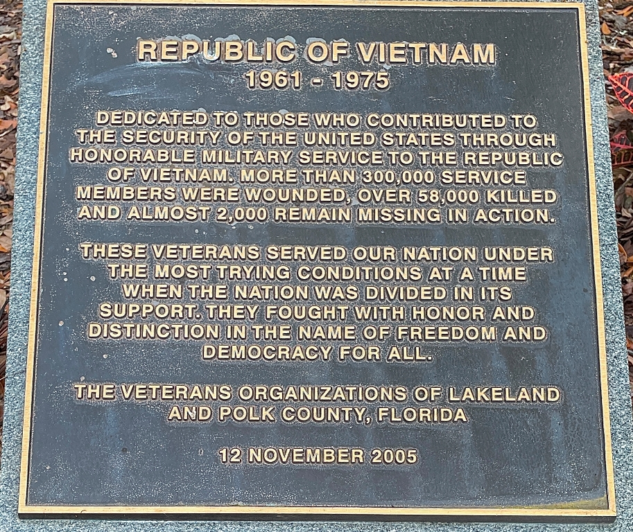 LAKELAND REPUBLIC OF VIETNAM WAR MEMORIAL PLAQUE