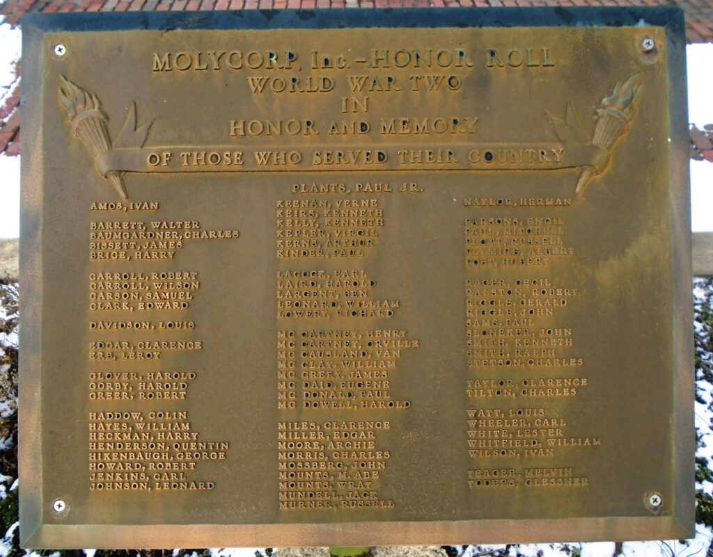 MOLYCORP, INC. HONOR ROLL WORLD WAR TWO MEMORIAL PLAQUE