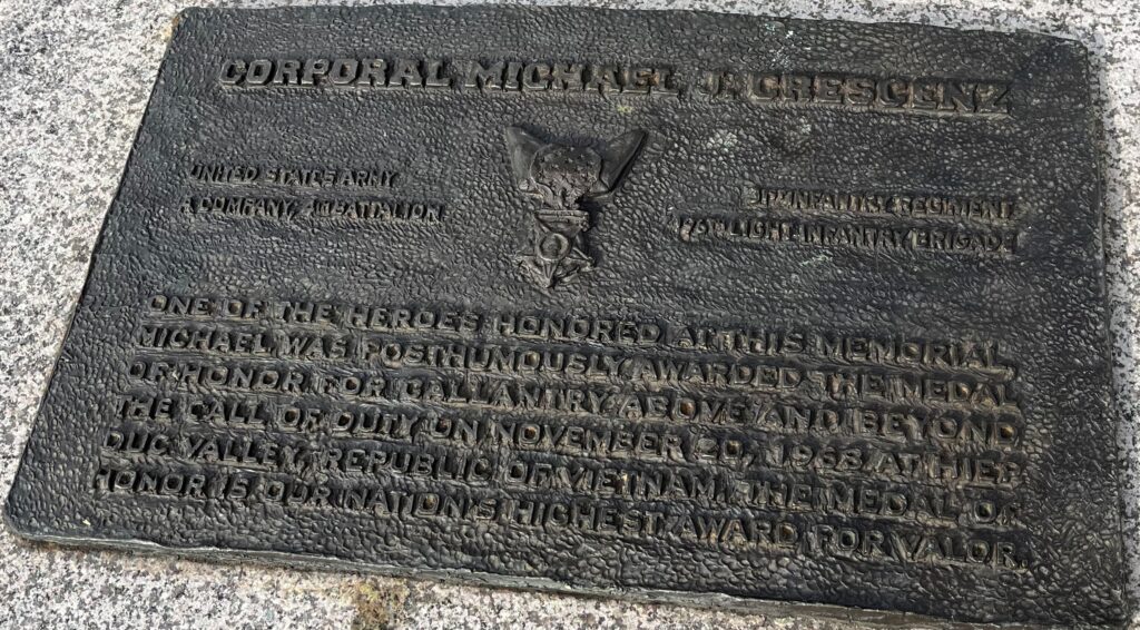 CORPORAL MICHAEL J. CRESCENZ MEDAL OF HONOR WAR MEMORIAL PLAQUE
