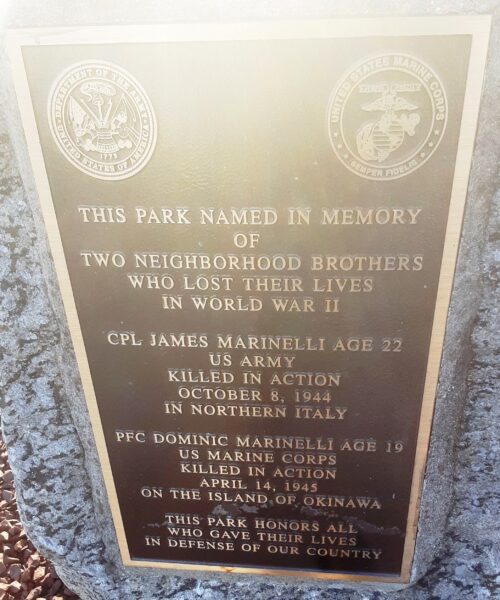 THIS PARK NAMED IN MEMORY OF TWO NEIGHBORHOOD BROTHERS MEMORIAL PLAQUE