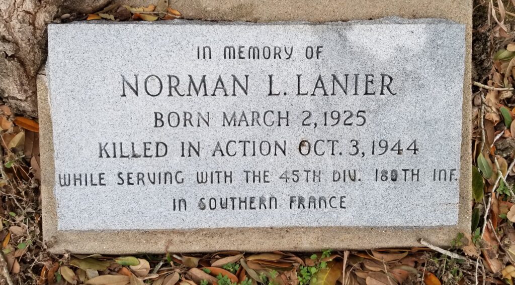NORMAN L. LANIER WAR MEMORIAL TREE PLAQUE