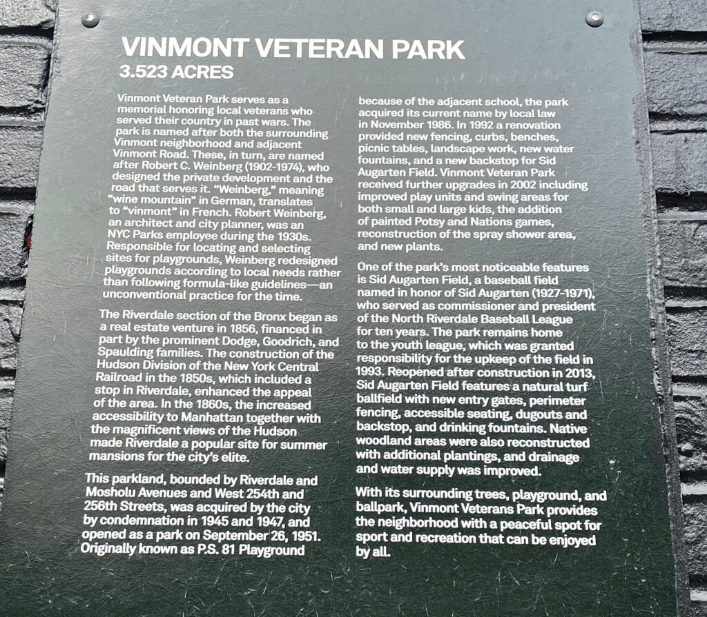 VINMONT VETERAN PARK MEMORIAL PLAQUE