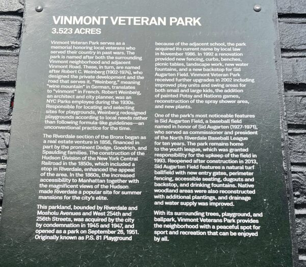 VINMONT VETERAN PARK MEMORIAL PLAQUE