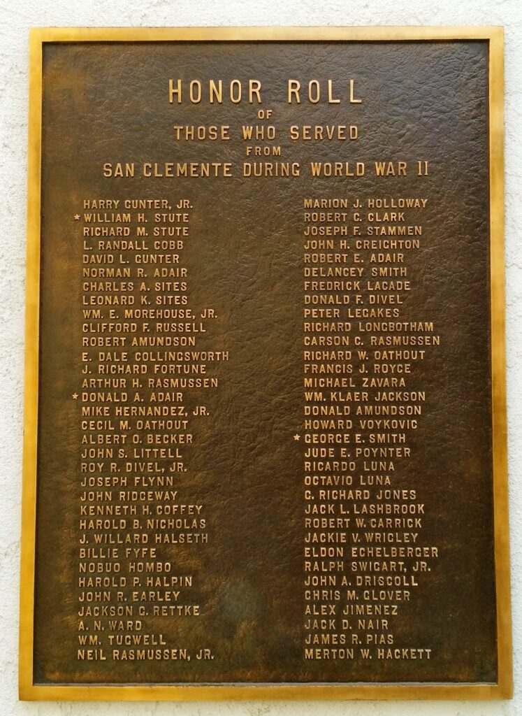 SAN CLEMENTE WORLD WAR II HONOR ROLL MEMORIAL PLAQUE