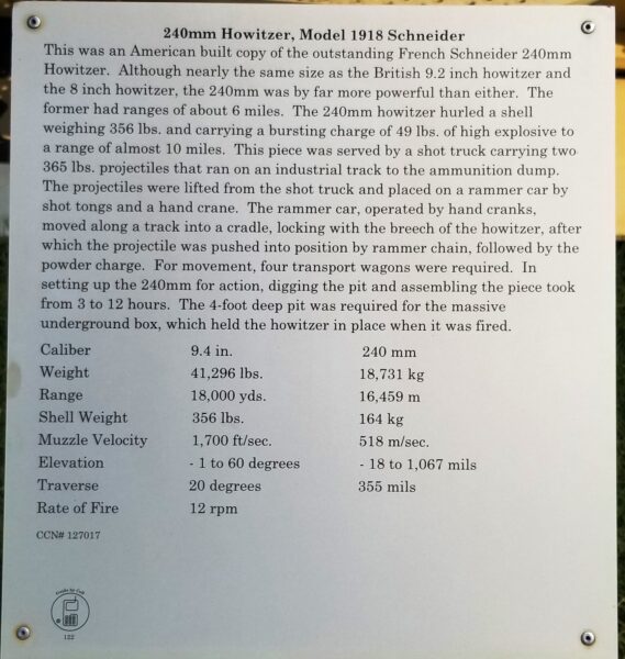 240MM HOWITZER, MODEL 1918 SCHNEIDER MEMORIAL PLAQUE