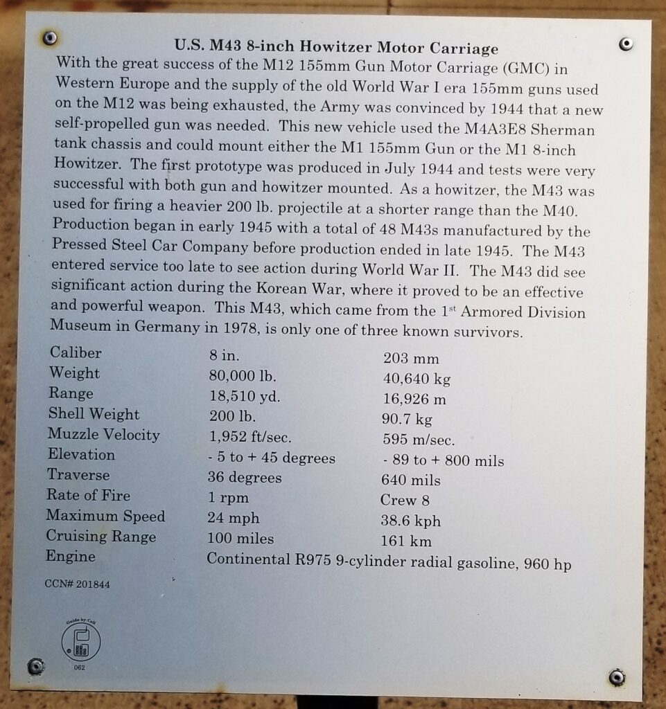 U.S. M43 8-INCH HOWITZER MOTOR CARRIAGE MEMORIAL PLAQUE