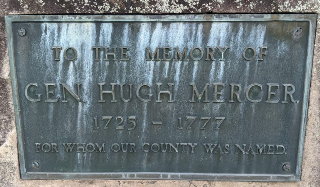 TO THE MEMORY OF GEN. HUGH MERCER WAR MEMORIAL PLAQUE