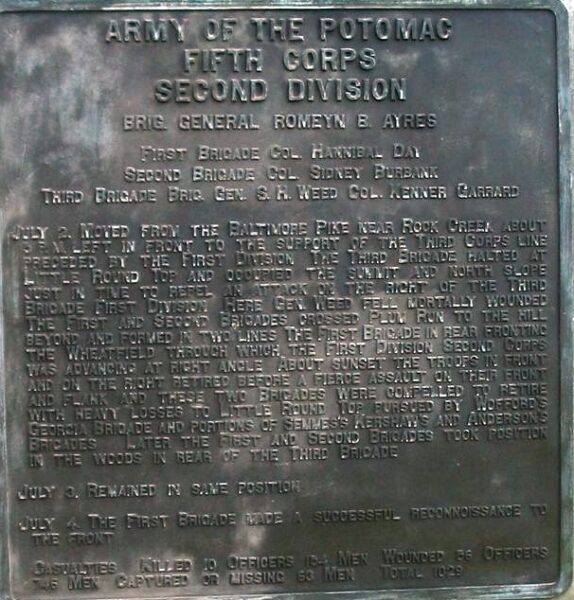 ARMY OF THE POTOMAC FIFTH CORPS SECOND DIVISION MEMORIAL PLAQUE