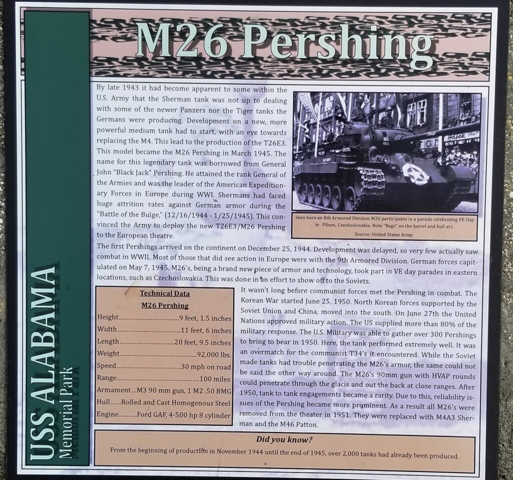 USS ALABAMA MEMORIAL PARK M26 PERSHING MEMORIAL PLAQUE