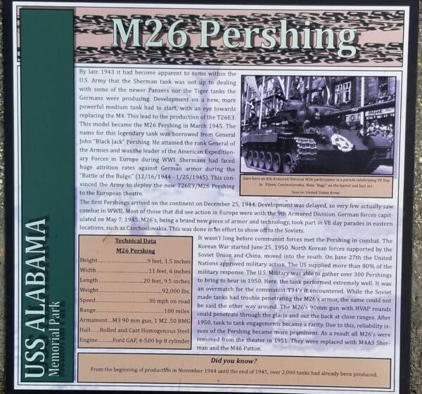 USS ALABAMA MEMORIAL PARK M26 PERSHING MEMORIAL PLAQUE