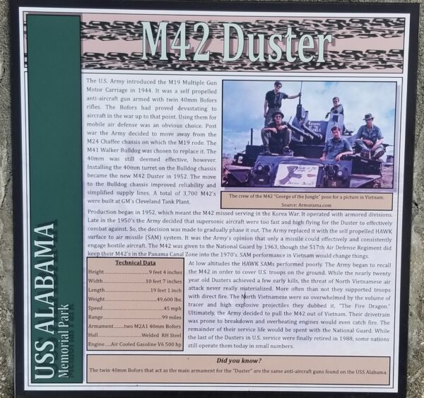 USS ALABAMA MEMORIAL PARK M42 DUSTER MEMORIAL PLAQUE