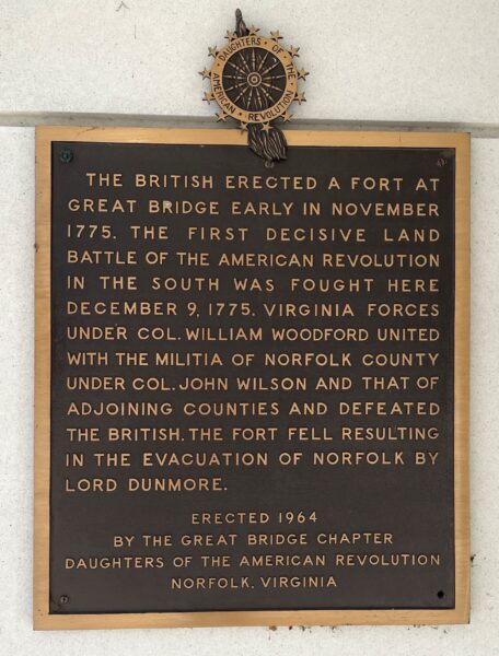 BATTLE OF GREAT BRIDGE REVOLUTIONARY WAR MEMORIAL PLAQUE