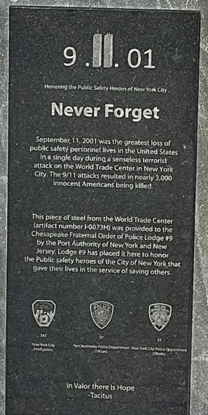 CITY OF CHESAPEAKE NEVER FORGET 9.11.01 MEMORIAL PLAQUE