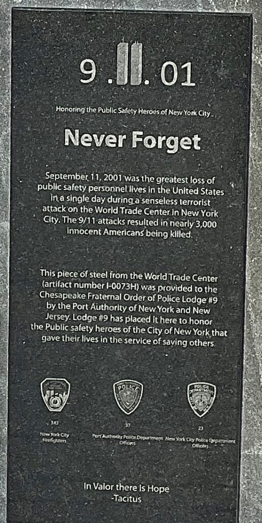 CITY OF CHESAPEAKE NEVER FORGET 9.11.01 MEMORIAL PLAQUE