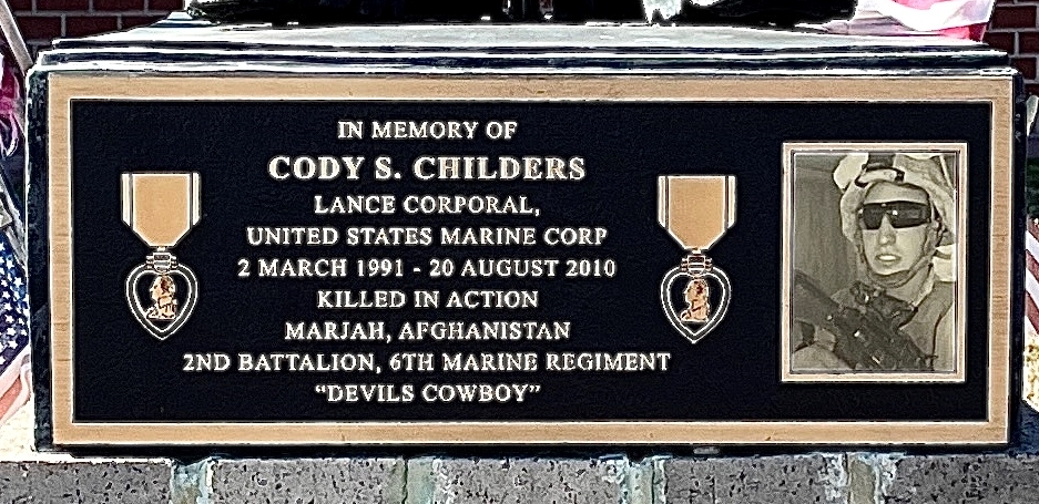 CODY S. CHILDERS WAR MEMORIAL BATTLEFIELD CROSS PLAQUE