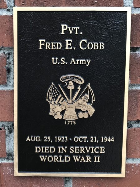PVT. FRED E. COBB WAR MEMORIAL PLAQUE