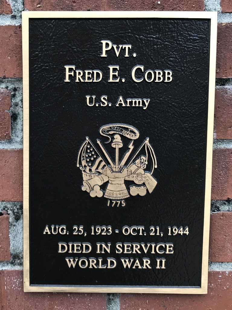 PVT. FRED E. COBB WAR MEMORIAL PLAQUE