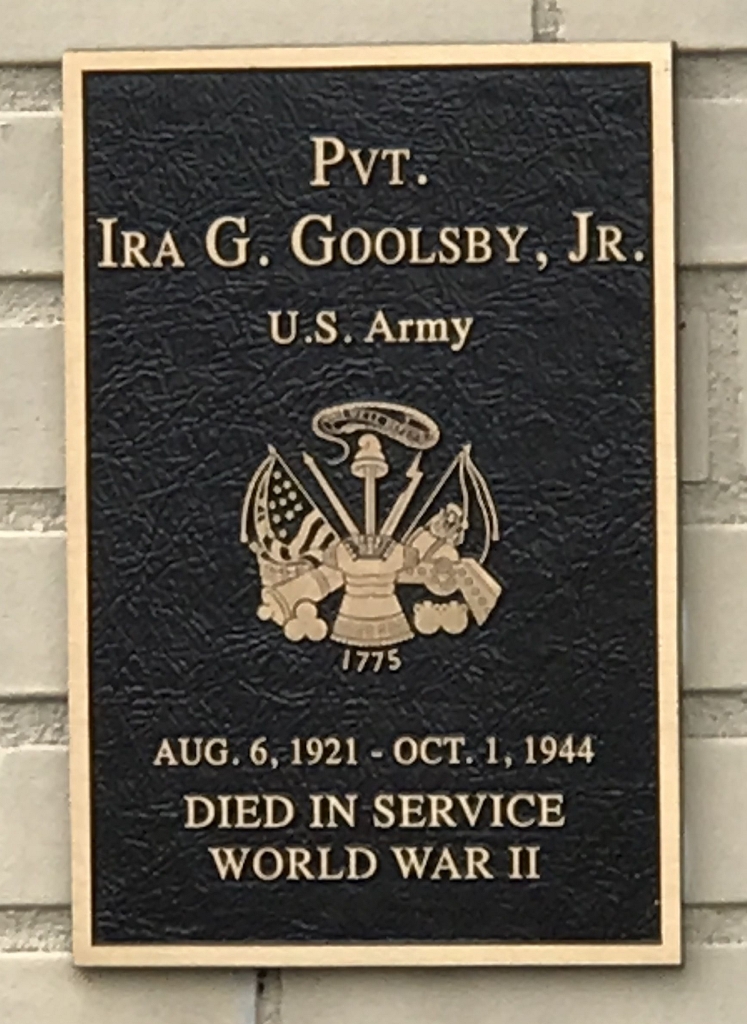 PVT. IRA G. GOOLSBY, JR. WAR MEMORIAL PLAQUE