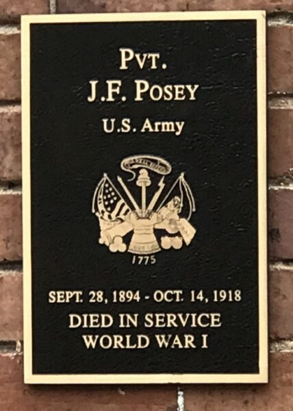 PVT. J.F. POSEY WAR MEMORIAL PLAQUE