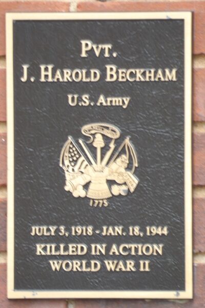 PVT. J. HAROLD BECKHAM WAR MEMORIAL PLAQUE