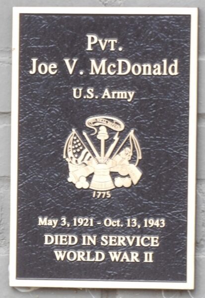 PVT. JOE V. MCDONALD WAR MEMORIAL PLAQUE