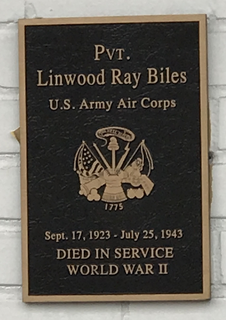 PVT. LINWOOD RAY BILES WAR MEMORIAL PLAQUE