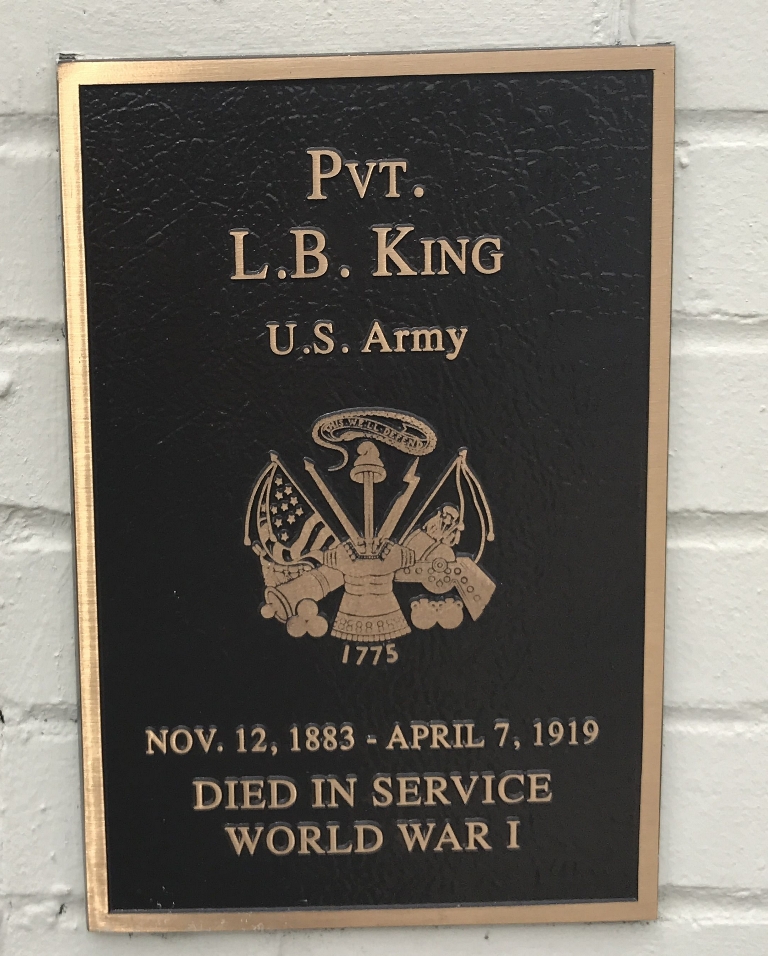 PVT. L.B. KING WAR MEMORIAL PLAQUE