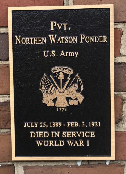 PVT. NORTHERN WATSON PONDER WAR MEMORIAL PLAQUE
