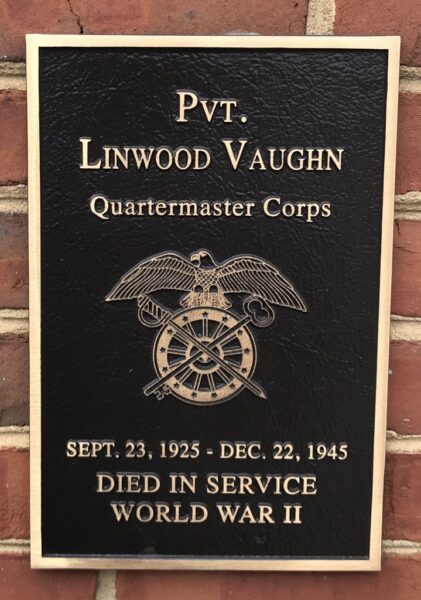 PVT. LINWOOD VAUGHN WAR MEMORIAL PLAQUE
