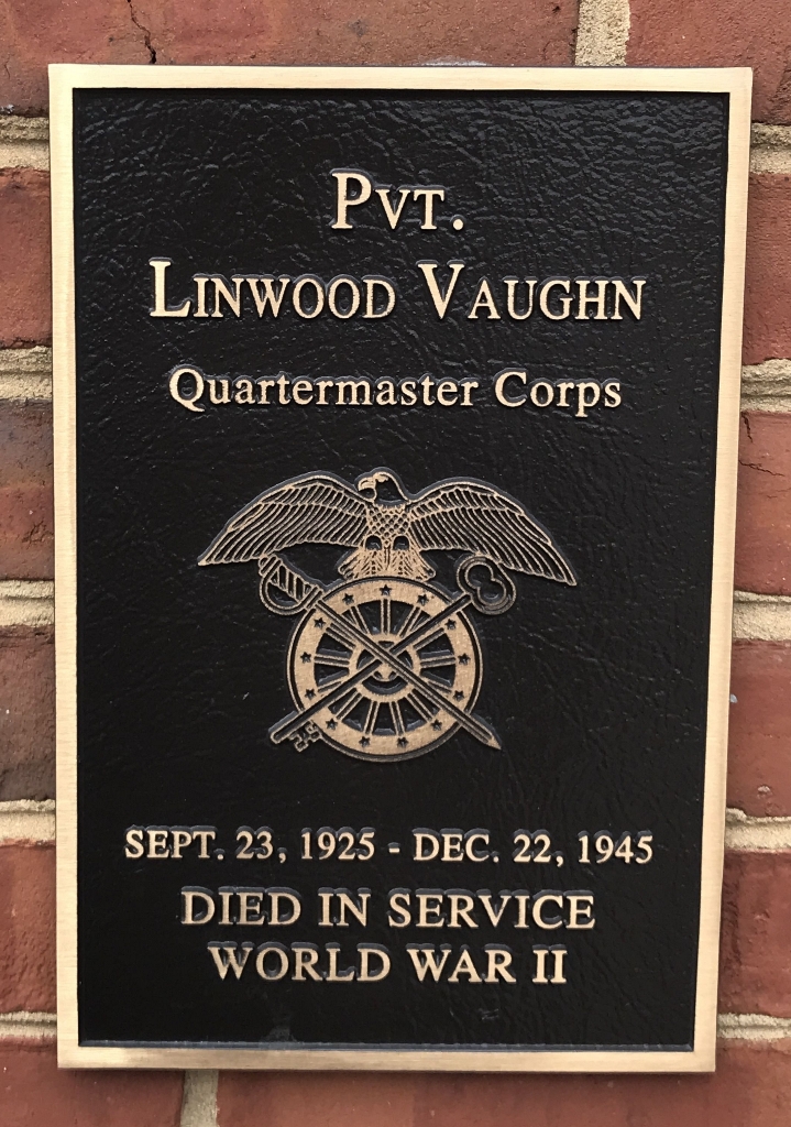 PVT. LINWOOD VAUGHN WAR MEMORIAL PLAQUE