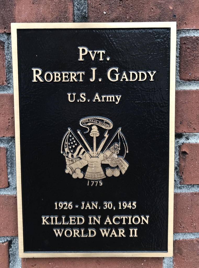 PVT. ROBERT J. GADDY WAR MEMORIAL PLAQUE
