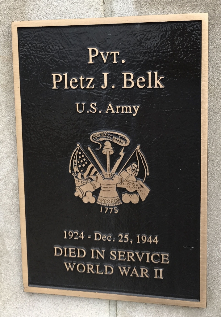 PVT. PLETZ J. BELK WAR MEMORIAL PLAQUE