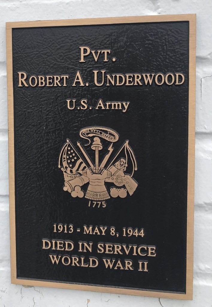 PVT. ROBERT A. UNDERWOOD WAR MEMORIAL PLAQUE
