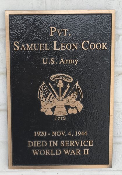 PVT. SAMUEL LEON COOK WAR MEMORIAL PLAQUE